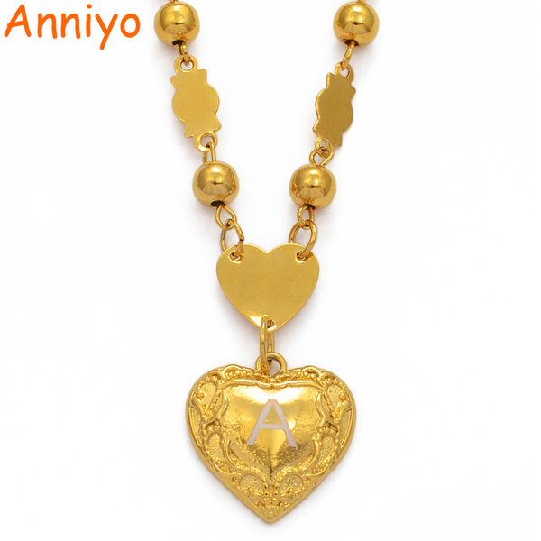 anniyo a-z letters heart pendant necklaces women girls english initial alphabet ball bead chains marshall hawaii jewelry #198206, Silver