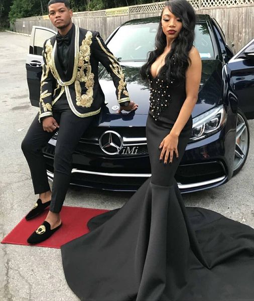 black mermaid prom dresses 2019 deep v neck sweep train beads satin african formal party gowns special evening gowns b50, Black;red
black mermaid prom dresses 2019 deep v neck sweep train beads satin african formal party gowns special evening gowns b50, Black;red
