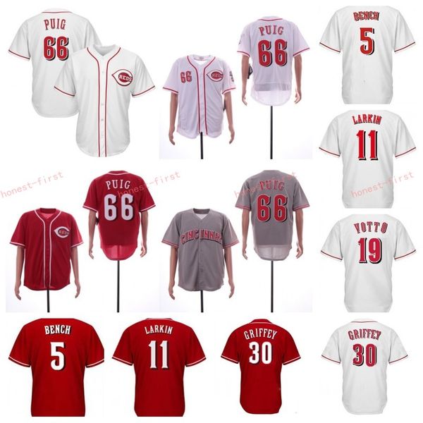 Cincinnati Jerseys 66 Yasiel Puig Reds 19 Joey Votto Ken 30 Griffey Jr 11 Barry Larkin 17 Chris Sabo White Red Grey Baseball Jersey Stitched