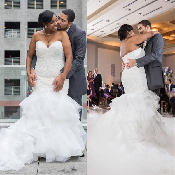 african black girls plus size mermaid wedding dresses 2020 sweetheart ruffles tiered skirt modest bridal gowns, White
african black girls plus size mermaid wedding dresses 2020 sweetheart ruffles tiered skirt modest bridal gowns, White