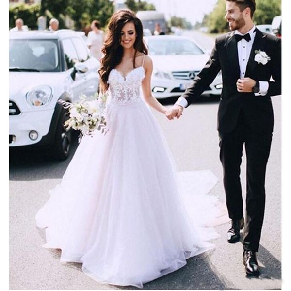 2019 new long wedding dresses sweetheart neck spaghetti strap court train a line appliques tulle bride gowns, White
2019 new long wedding dresses sweetheart neck spaghetti strap court train a line appliques tulle bride gowns, White