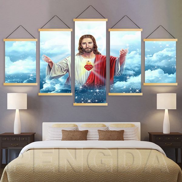 5 pcs wall art canvas print 5 piece painting christian jesus picture solid wood hanging scrolls home decoration for living room
5 pcs wall art canvas print 5 piece painting christian jesus picture solid wood hanging scrolls home decoration for living room