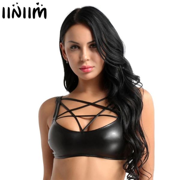 iiniim womens tanks for clubwear wetlook faux leather dancing strappy pentagon detail front bandeau crop bralette, White