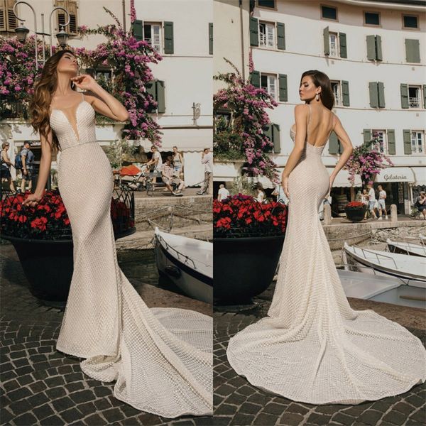 simple boho mermaid wedding dresses spaghetti strap backless full appliqued lace bridal dress sweep train beach bridal gown, White 
simple boho mermaid wedding dresses spaghetti strap backless full appliqued lace bridal dress sweep train beach bridal gown, White