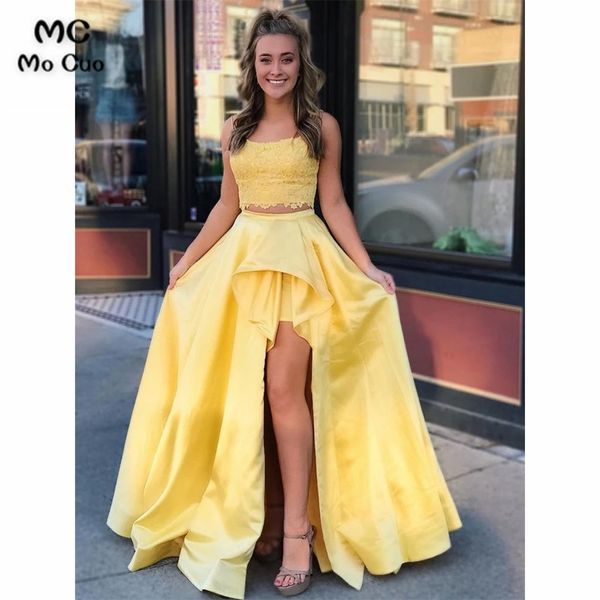 two pieces gown yellow lace prom dress high low gown evening pockets satin vestido de festa prom dresses custom made, White;black
two pieces gown yellow lace prom dress high low gown evening pockets satin vestido de festa prom dresses custom made, White;black