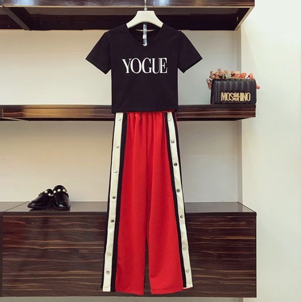 2019 new fashion summer women's two-piece trousers set casual short letter t-shirt + high waist open fork striped long pants, White
2019 new fashion summer women's two-piece trousers set casual short letter t-shirt + high waist open fork striped long pants, White