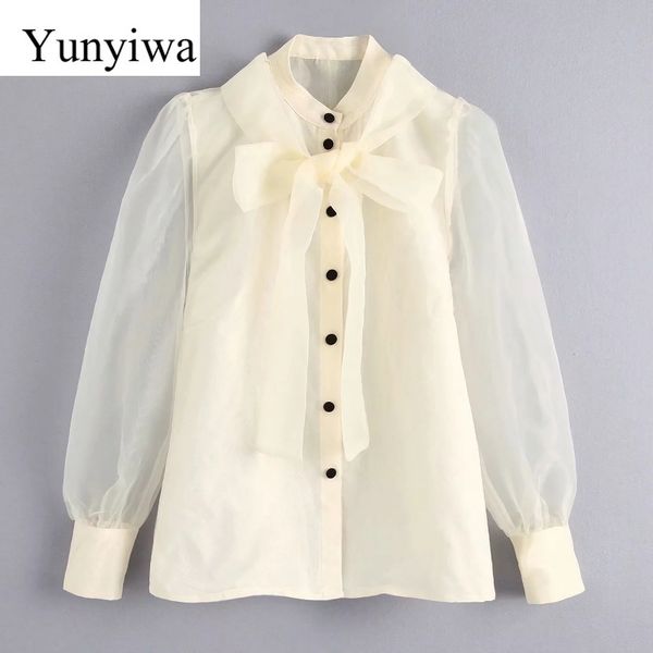 new women elegant solid transparent casual organza shirts blouses women bow tied o neck roupas femininas chemise, White
new women elegant solid transparent casual organza shirts blouses women bow tied o neck roupas femininas chemise, White