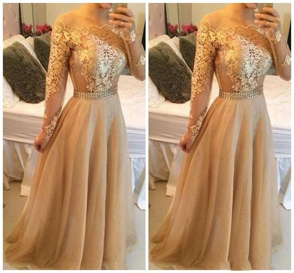 2019 new gold champagne lace long sleeves prom dresses bateau pearls waist long lace appliques organza vestios evening dresses, Black
2019 new gold champagne lace long sleeves prom dresses bateau pearls waist long lace appliques organza vestios evening dresses, Black