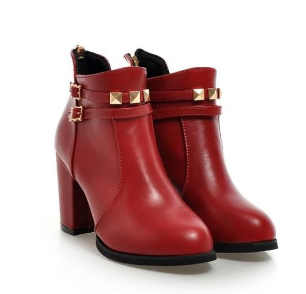 big size 33 to 42 to 50 tradingbear wine red rivets buckle chunky heel ankle booties motocycle shoes luxury women designer boots, Black