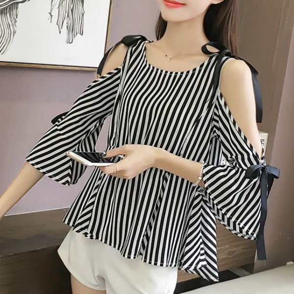 women's blouses & shirts early spring 2021 loose korean bow waist horn sleeve stripe shoulder seven chiffon women quarter 1946 50, White
women's blouses & shirts early spring 2021 loose korean bow waist horn sleeve stripe shoulder seven chiffon women quarter 1946 50, White