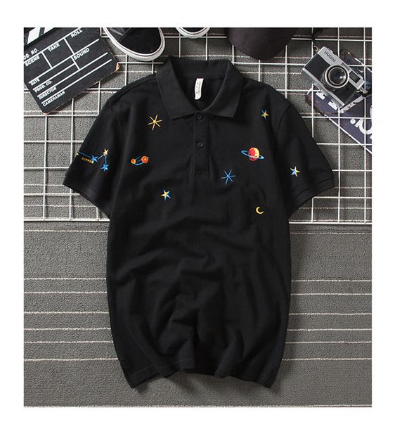 Black Embroidery Mens Designer Polos Loose Lapel Neck Stars Print Mens Tops Summer Teenagers Casual Tees