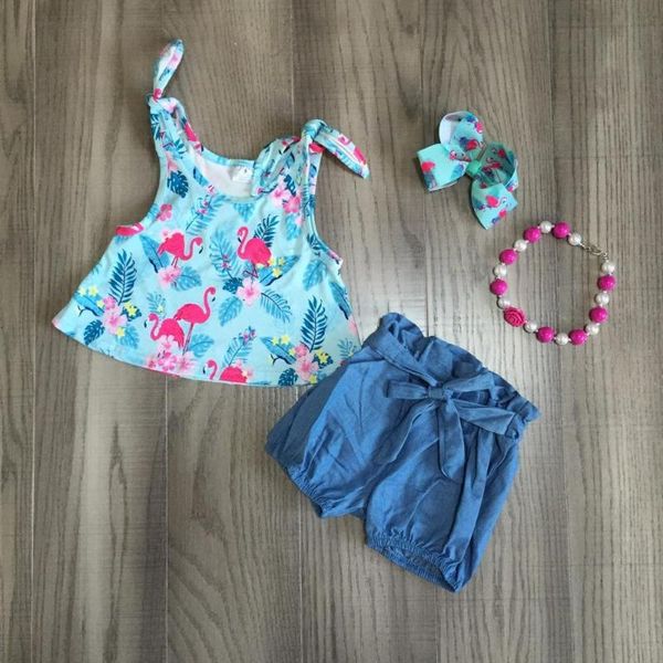 summer baby girls children clothes denim shorts blue flamingo flower tie outfits ruffles boutique set match accessories, White
summer baby girls children clothes denim shorts blue flamingo flower tie outfits ruffles boutique set match accessories, White