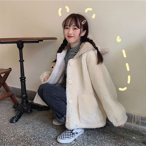 women's wool & blends 2021 lambs plush coat winter student loose korean cardigan top, Black
women's wool & blends 2021 lambs plush coat winter student loose korean cardigan top, Black