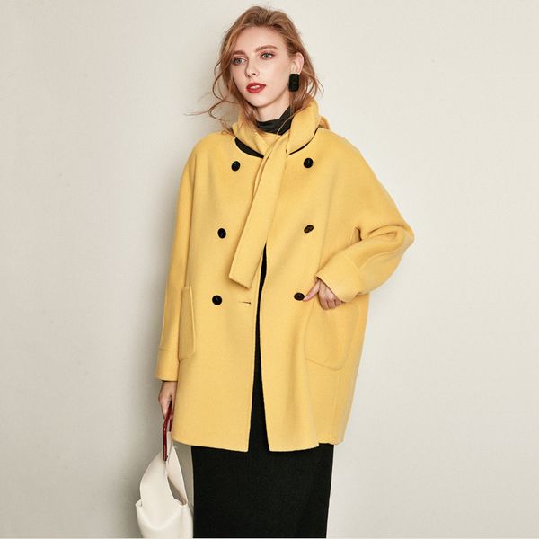 women's wool & blends coat women winter 2021 classic woman coats double-sided cashmere crew neck korean long, Black