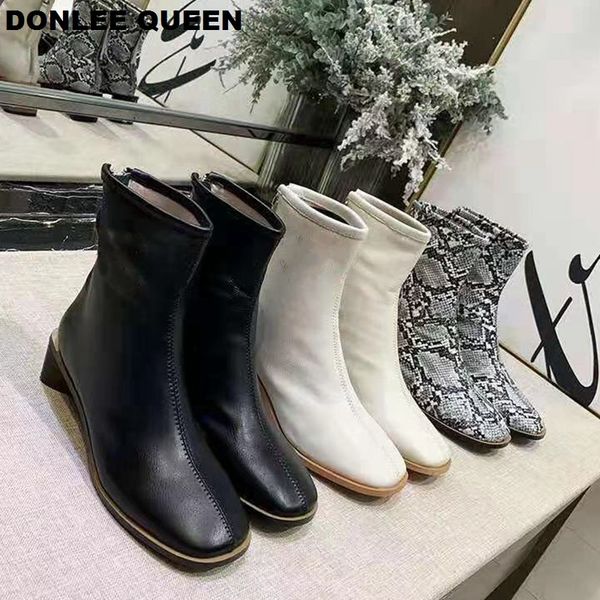 women ankle boots brand zipper boots snake print square heel fashion square toe ladies shoes new women shoes, Black