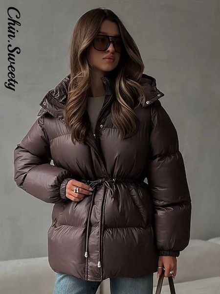 Casual Hooded Women's Padded Jacket Drawstring Waist-Closed Solid Thick Jackets Lady 2026 Winter Chic Female Street OuterwearT260903