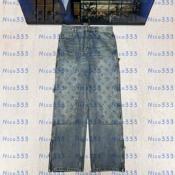 Luxury Work Jeans Logo Embossed Embossed Blue Leg Zipper Loose Fit Street Men A…