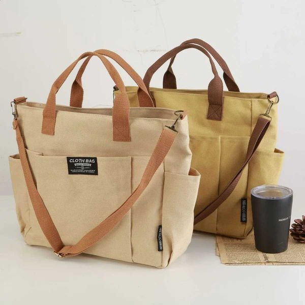Canvas Tote Bag Thickened Multiple Pockets Handbag Japanese Style Casual Student Computer Handheld Tote Shoulder Messenger Bag H260916