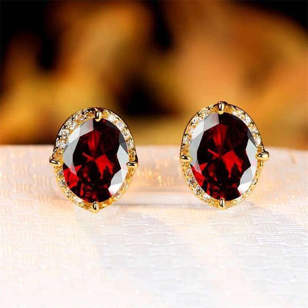Red Oval Zircon Gold Earrings