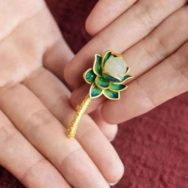 Natural Hetian White Jade Enamel Green Lotus Flower Brooches for Women Vintage Art High Quality Court Style Fine Jewelry