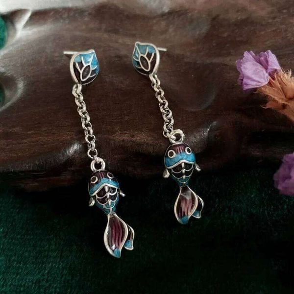 925 Silver Vintage Ethnic Style Cloisonne Blue Koi Carp Earrings for Women Enamel Colored Tassel Long Earings Stud Jewelry