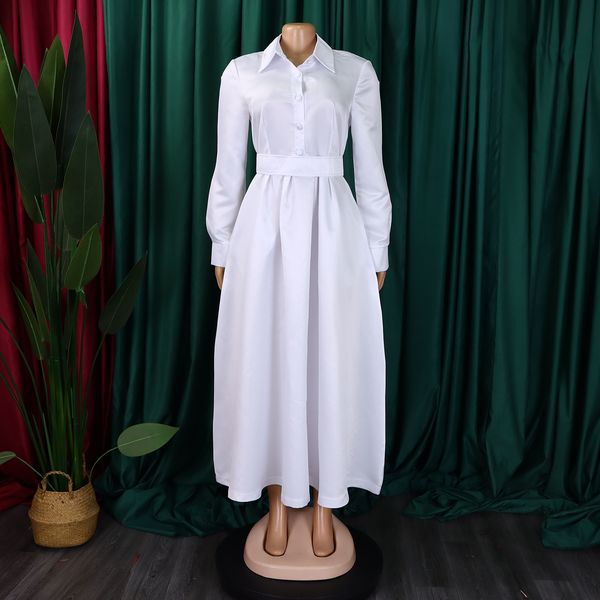 (579) Ladies autumn new style large swing solid color lapel long sleeve A-line dress
