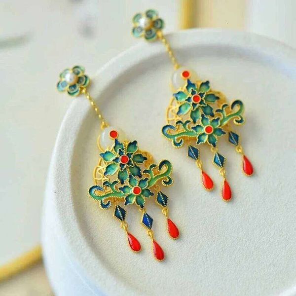 Natural Hotan Jade flower Enamel tassel earrings for women exquisite Retro style classical cheongsam Hanfu Silver accessories