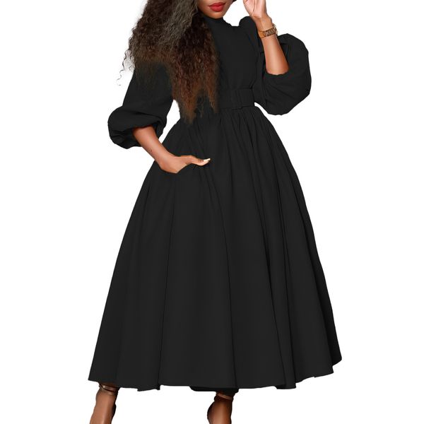 (578) Ladies' winter new style half-high collar long sleeve waist-hugging temperament waist-hugging slimming big swing dress
