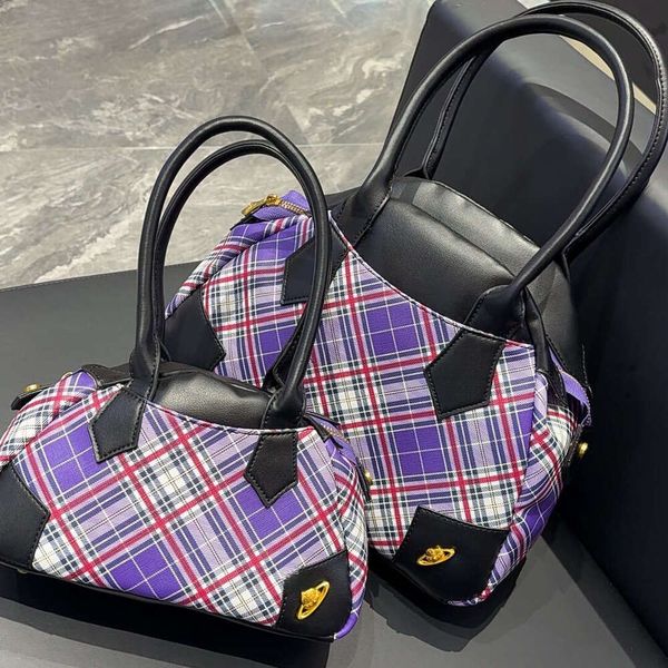 West wood bag Designer Saturn bag 2025 New Autumn and Winter Saturn Bowling Purple Plaid Handbag Vintage Bag