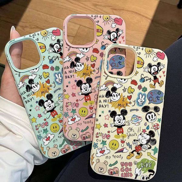 Ins Funny Mickeys Mouse Fashion TPU Imitation Leather Phone Case For iPhone 16 Plus 15 14 13 12 11 Pro Max X XR Shock-absorbing Y260104