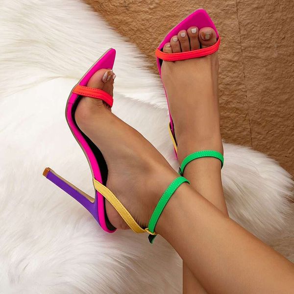 Women S Fashion Evening Party Pointed Toe Open Toe Rose Red Orange Green Yellow Purple Multi Color Patchwork Ankle Strap High Heel Sandals MOJIDASHU