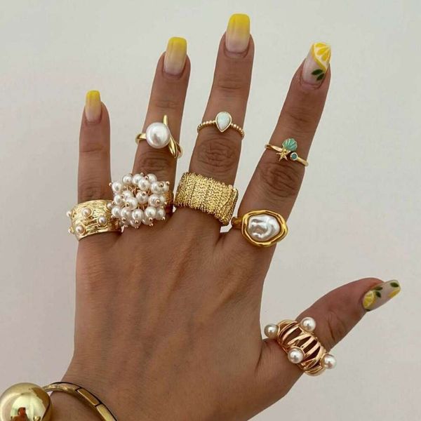 Fashion Ring Womens Pearl Set Fashion Geometric Baroque Flower Water Drop Rings…