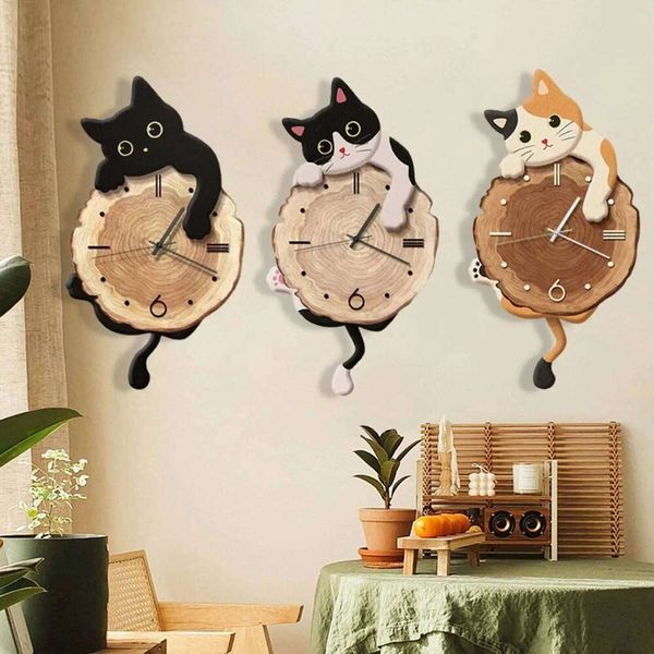 Creative Fun Cat Hanging Stylish Cute Pendulum Decorative Clock Wall Ornament for Bedroom Kids Room Home Decor Gift 26H0105