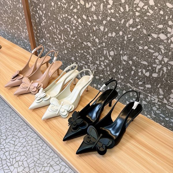 Luxury Sandals Designer Women High Heels Shoes Pointed Toes Brand Pumps 6.5cm Genuine Leather butterfly Flower Summer Sandal with Box 35-42
