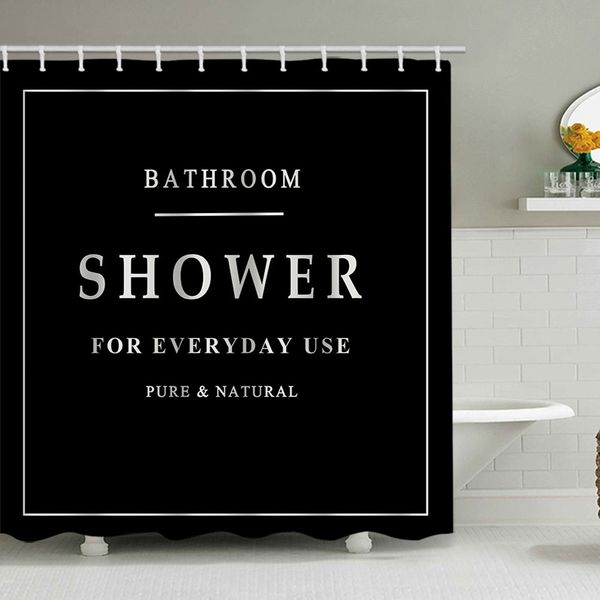 YL-38105 Simple Letter Print Shower Curtain Set, Printed Polyester Waterproof Bathroom Shower Curtain, No Drill Required, with Hooks
