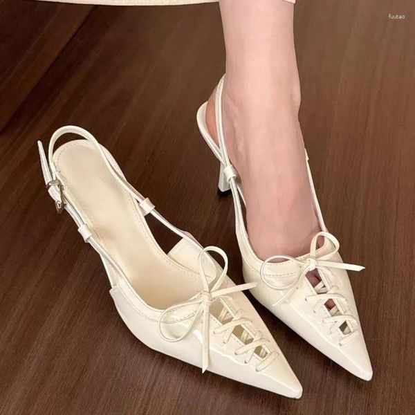 Sandals Women's Lace-Up Stiletto Summer Fashion Pointed Toe Shallow Mouth Bow Slip Strap Anti-Slip Wear-Resistant High Heels
