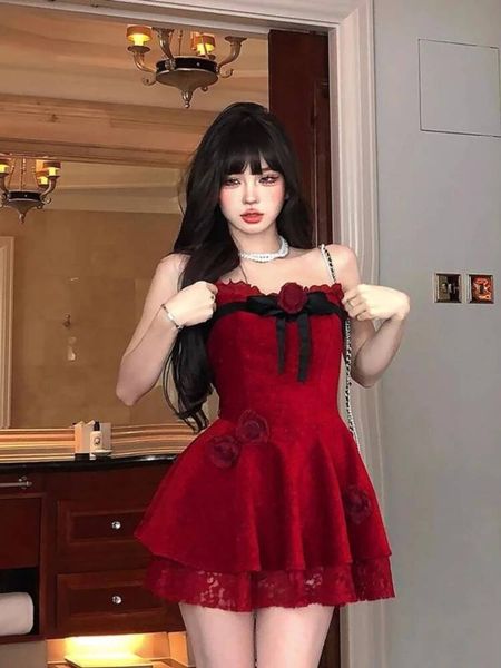 Bestseller 2025 New Christmas Velvet Sexy Red Dress French Elegant Lolita One Piece Bow Lace Dresses Y2K Gothic Evening Party Slim Outfits ddmytues