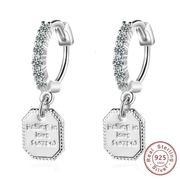 925 Sterling Silver Ear Gold Color Shiny Inlaid Micro Cubic Zircon Lettering Tag Hoop Earrings Jewelry for Women Party Gifts