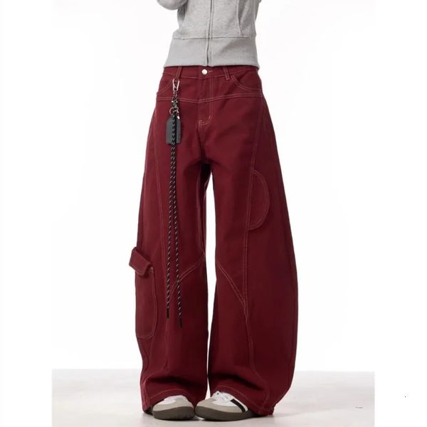 Cargo Red Casual Jeans Workwear Pants Loose Straight Wide Leg Trousers Spring Korean Style Lazy Comfortable Chic