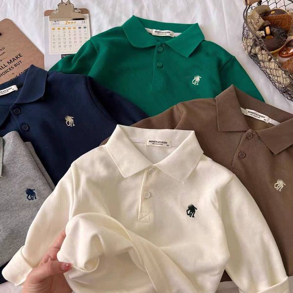 Designer Unisex Kids Long Sleeve Polo Shirt - 2026 Spring Fall New Solid Color Embroidered Collar Layering Top for Toddler Baby Boys Girls