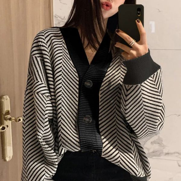 Autumn Winter Fashion Striped Cardigan Sweater Women Knitted Coats Female Long Sleeve Casual Knit Jacket Cardigans Tops Knitwear 260106