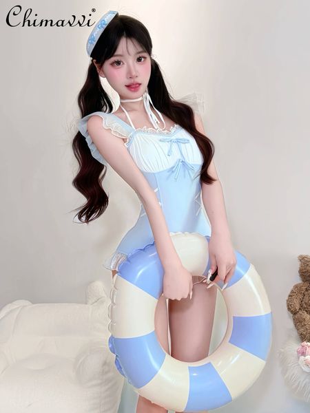 Bestseller Cute Bow Blue Student Swimsuit 2025 Summer Clothes New Sweet Girl Slim Temperament Sexy One-piece Bathing Suit Women ddmytues