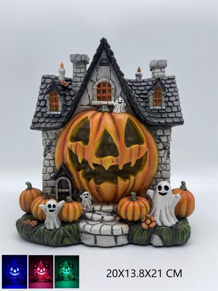 Halloween Haunted House Decor with 7-Color LED Lights - Jack-O'-Lantern Ghost Spooky Cottage Ornament (20X13.8X21CM)