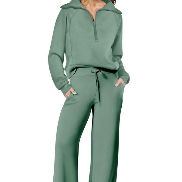 Pant Sets Solid Pullover Women Sweatshirts Wide Leg Pants Two Pieces Tracksuit Pockets Sports Casual Hoodies Loose