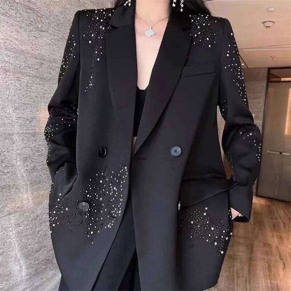 Black High-Grade Rhinestone Small Suit Jacket Female Coats Spring Autumn Double-Breasted Loose Casual Fashion Blazer Tops LEEGO LENS