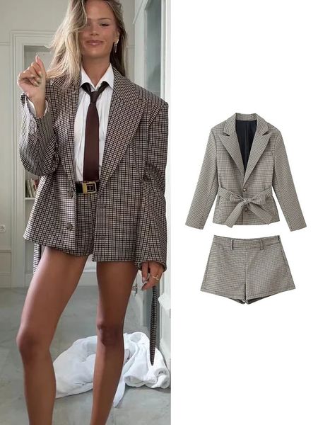TFMLN Women Houndstooth Plaid Coat and Shorts Set Vintage Loose Suit With Belt Fashion Autumn Winter 2 Pcs 260109