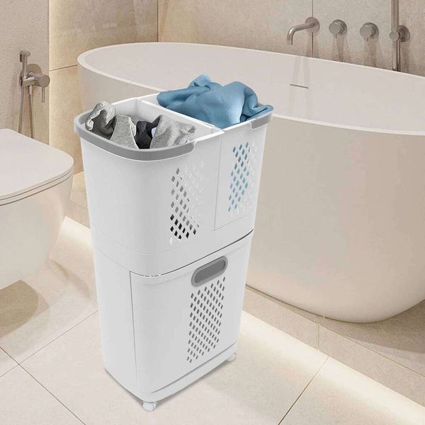 2-Tier Basket, Organizer with 4 Universal Wheels, Clothes Distributing Basket for Laundry Rooms 26H0110