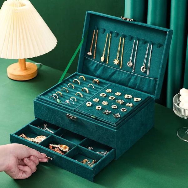 New Vintage Style Green Velvet Double Lock Storage Necklace Earrings and Rings Jewelry Box Large Capacity