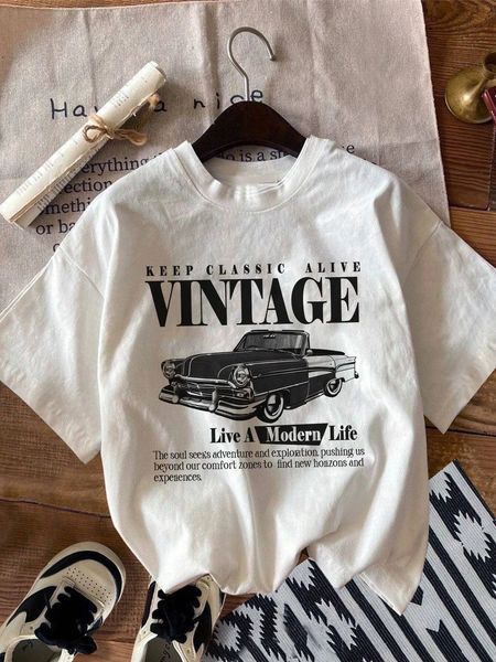 Vintage Car Print Women TShirts Street Breathable Comfortable Short Sleeve Fashion Personality Tops Loose Sports T Shirt Female 260109