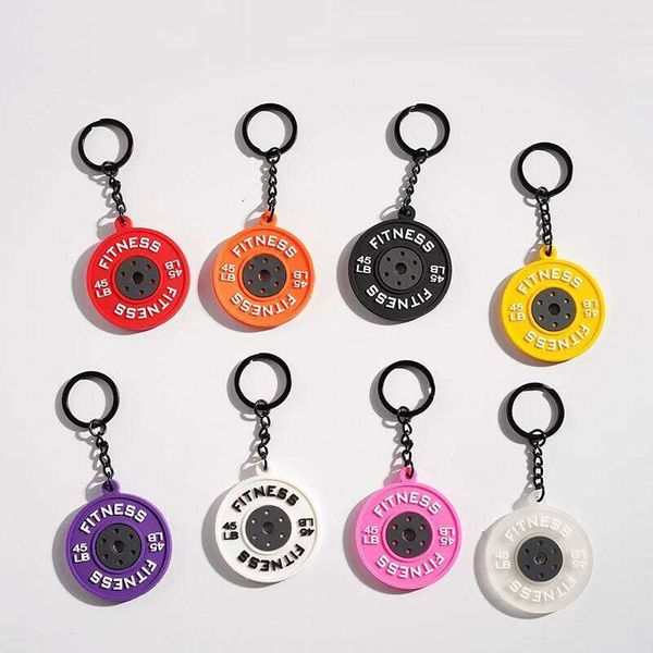 1pc Fitness Barbell Rubber Gym Key Ring With Weight Simulation Dumbbell Plate Keychain For Athletes